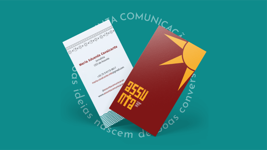 Aplicação da identidade visual da Assunta Comunicação em cartão de visitas.