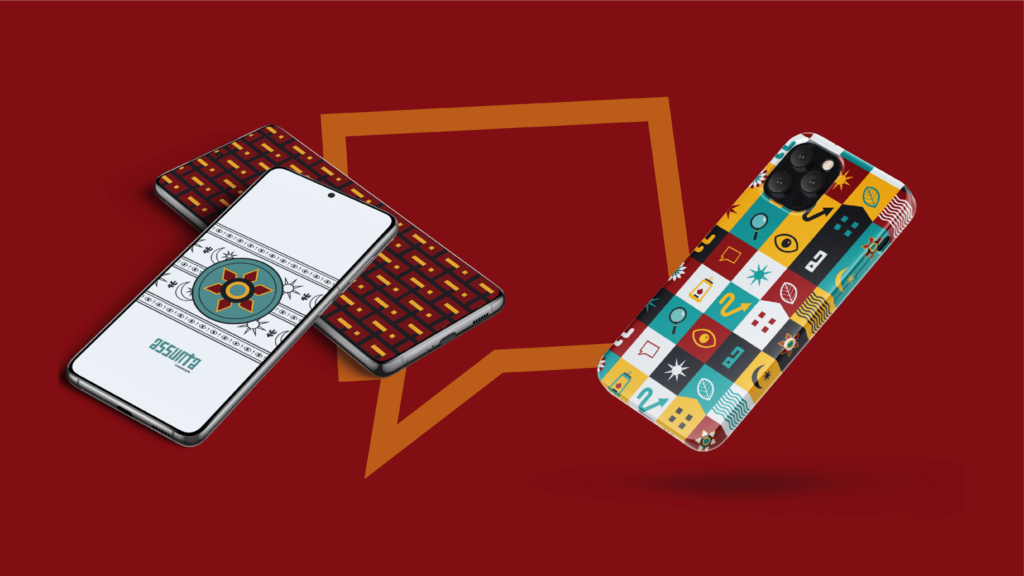 Aplicação da identidade visual da Assunta Comunicação em planos de fundos e capa para celular.