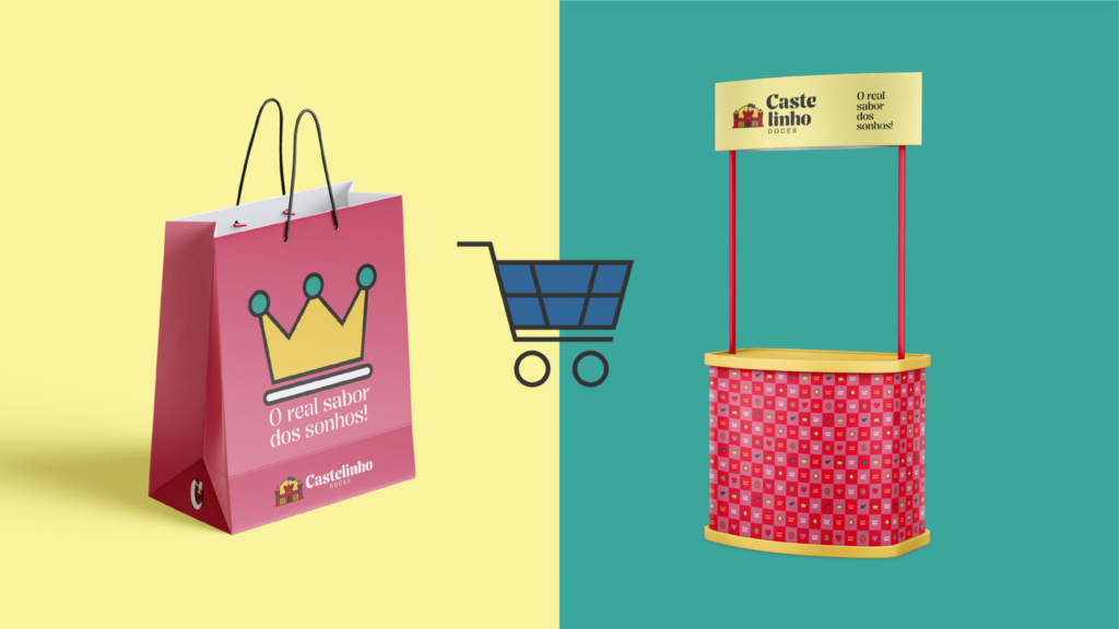 Aplicação da identidade visual da Castelinho Doces em sacola e estande de merchandising.