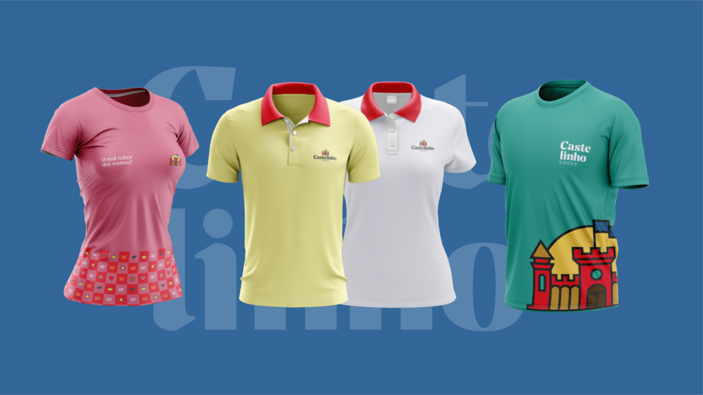 Aplicação da identidade visual da Castelinho Doces em camisas polo e camisetas.