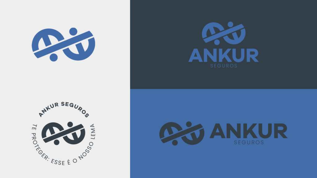 A imagem se divide em três etapas: uma com o logo simplificado e com o selo da Ankur Seguros; outra com a versão vertical e outra com versão horizontal.