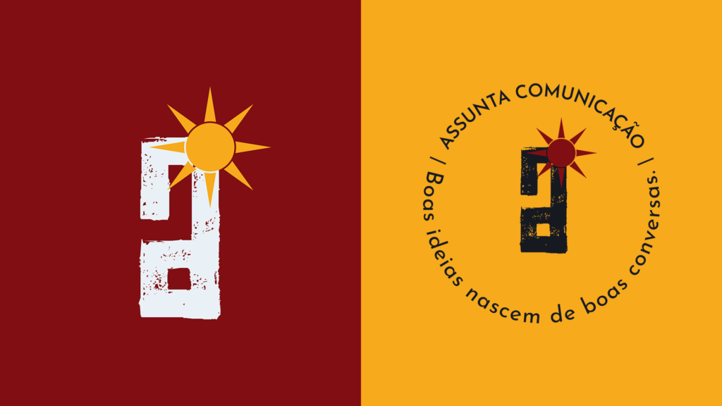 Logotipos alternativos da Assunta Comunicação, em um formato simplificado (letra A junto com o sol) e o selo, que traz este símbolo resumido unido à assinatura nominativa e slogan.