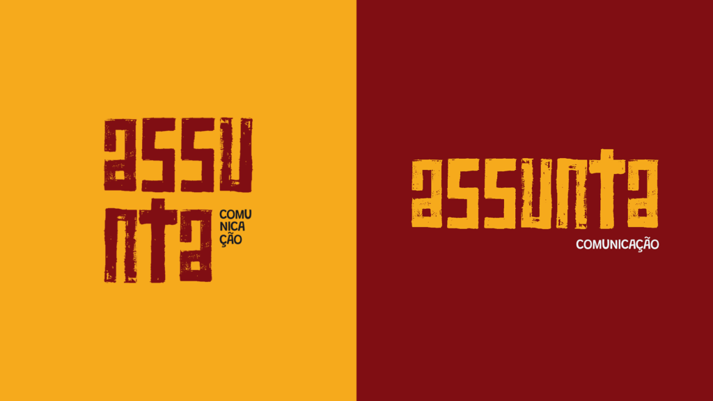 Logotipos principais da Assunta Comunicação, em sua versão vertical e horizontal, com fundos nos tons amarelo e vermelho, as prioritárias da paleta da marca.
