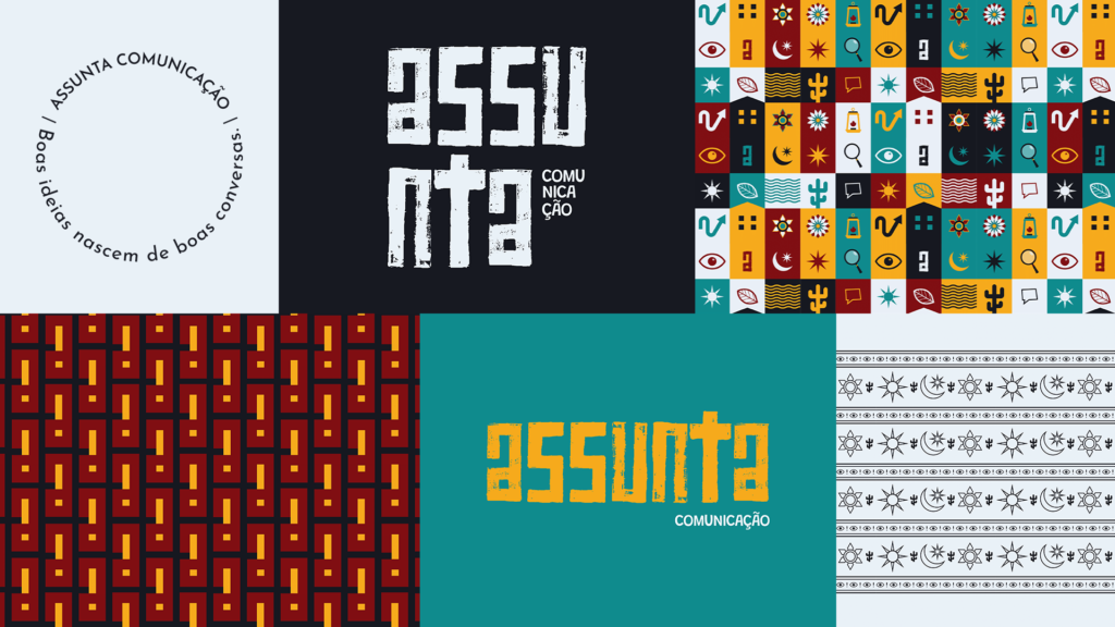 A imagem se divide em seis etapas: duas trazem os logotipos alternativos da marca Assunta Comunicação com as cores de fundo em preto e verde; uma traz o selo sem o logotipo resumido; e as outras três restantes demonstram os patterns feitos para a agência.
