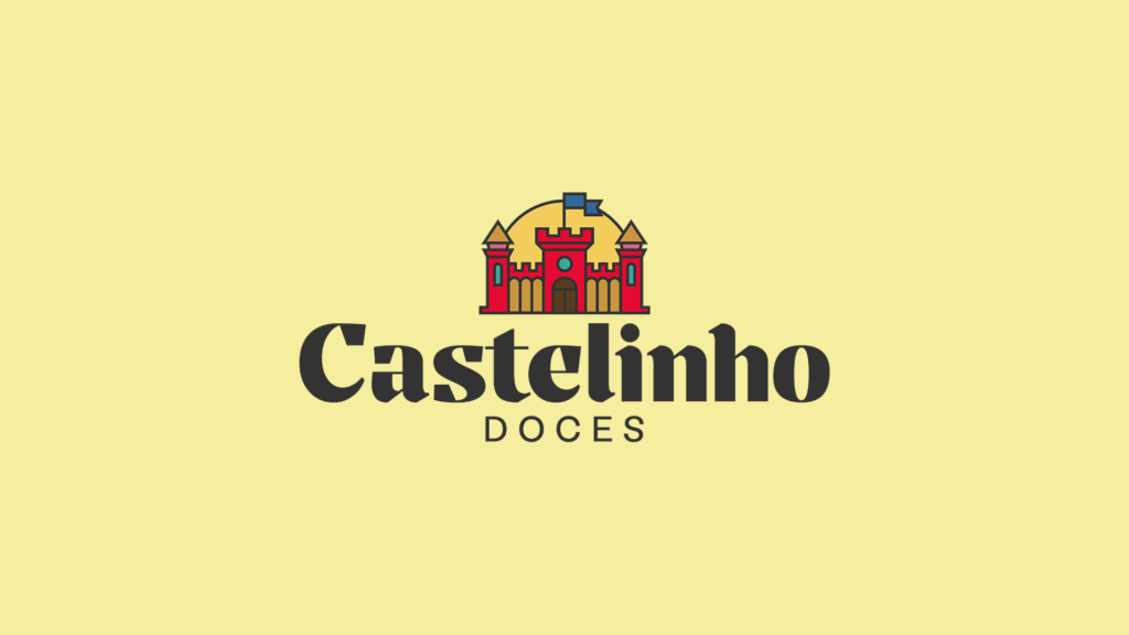 Logotipo principal da Castelinho Doces, em sua versão vertical e com o fundo no tom bege, um dos principais da paleta da marca.