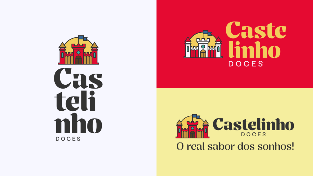 A imagem se divide em três: a primeira, traz uma versão alternativa do logotipo, com a construção tipográfica do nome Castelinho dividida em três, em versão vertical; a segunda, traz uma versão alternativa com a tipografia dividida em dois, em formato horizontal, com o ícone em uma versão em branco; já a terceira, traz a versão principal em formato horizontal, com o slogan logo abaixo.