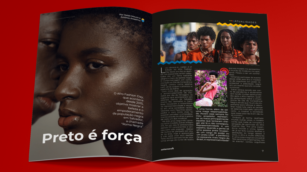 Aplicação das páginas referentes à matéria sobre o Dia da Consciência Negra e o protagonismo da etnia em Salvador, feita para a edição especial da revista Soterocult.