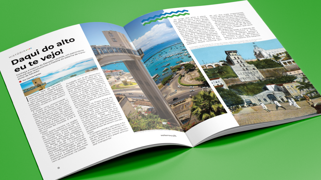 Aplicação das páginas referentes à matéria sobre o Elevador Lacerda e seus 173 anos de funcionamento, feita para a edição especial da revista Soterocult.