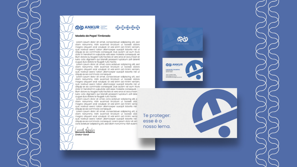 Aplicação da identidade visual da Ankur Seguros em materiais de papelaria.