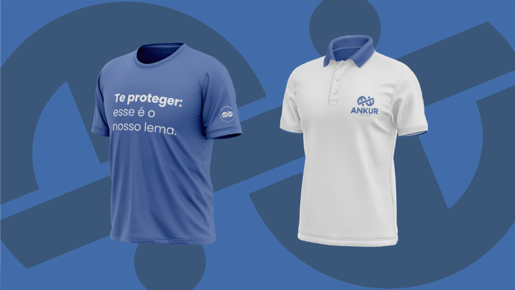 Aplicação da identidade visual da Ankur Seguros em uma camiseta e uma camisa polo.
