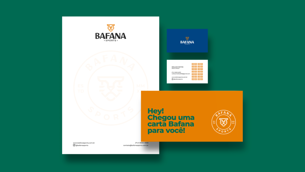 Aplicação da identidade visual da Bafana Sports em papel timbrado, cartão de visitas e envelope.