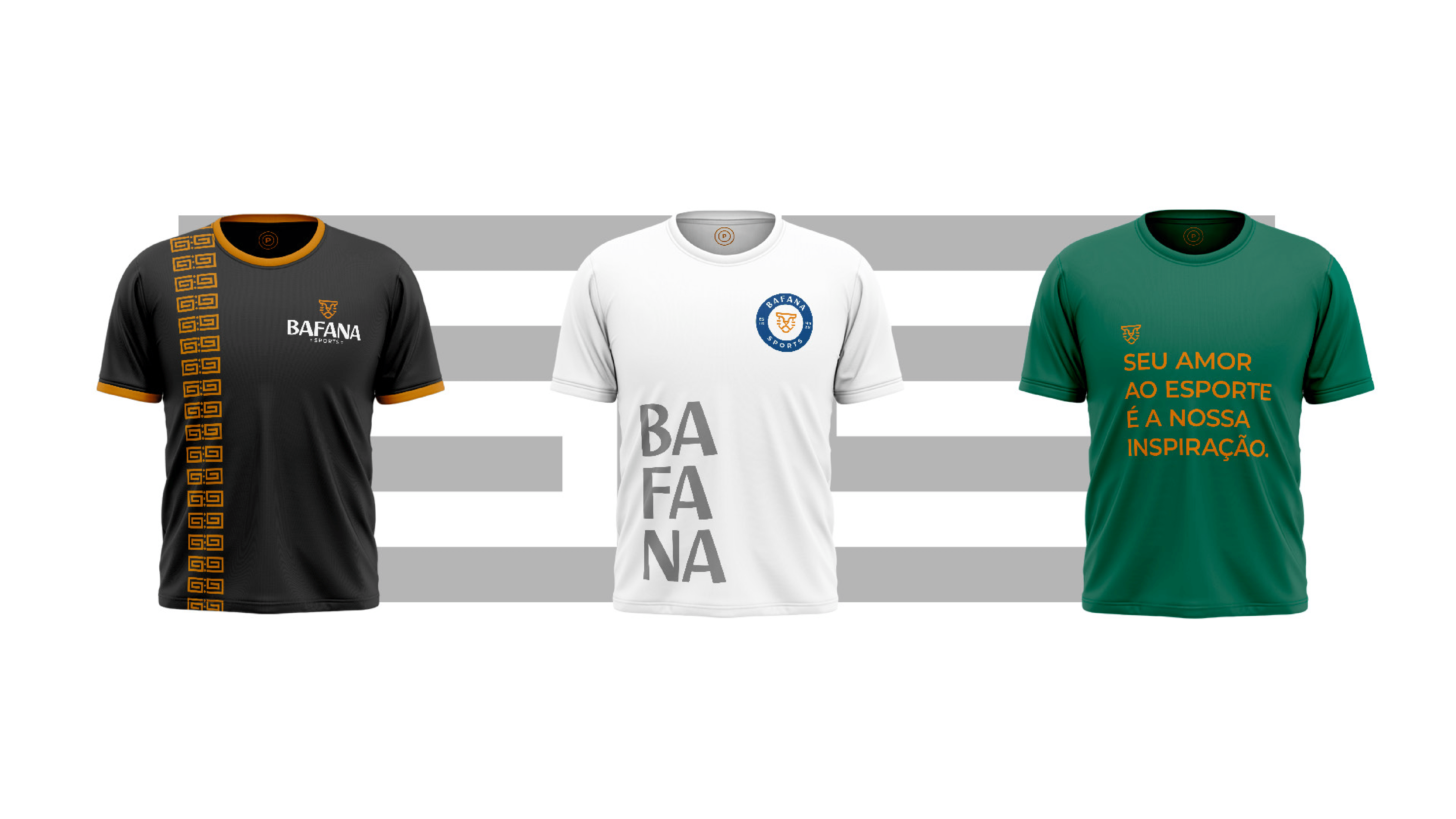 Aplicação da identidade visual da Bafana Sports em três camisetas.