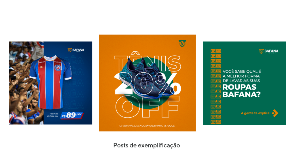 Aplicação da identidade visual da Bafana Sports em três posts de redes sociais.