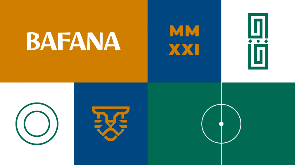 Painel geral da identidade visual da Bafana Sports, que traz o símbolo do leopardo, a tipografia, o ano de criação (2021), o elemento do pattern e um desenho de um campo de futebol.