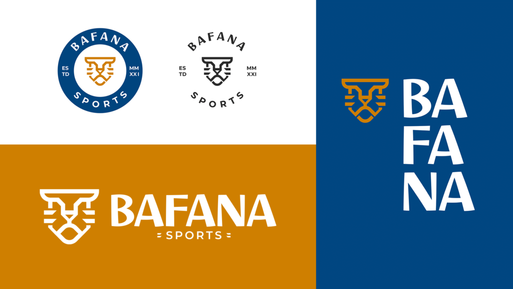 A imagem se divide em três etapas: uma com dois formatos do selo da Bafana Sports; outra com a versão horizontal e outra com versão com a tipografia em formato vertical, dividido em três linhas.