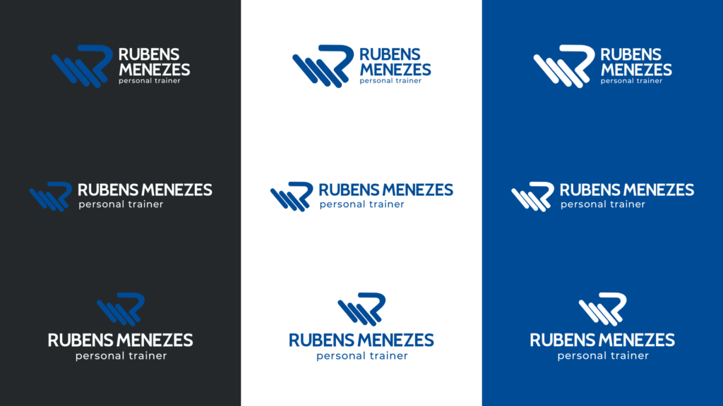Demonstração das variações do logotipo de Rubens Menezes, dependendo da cor de fundo.